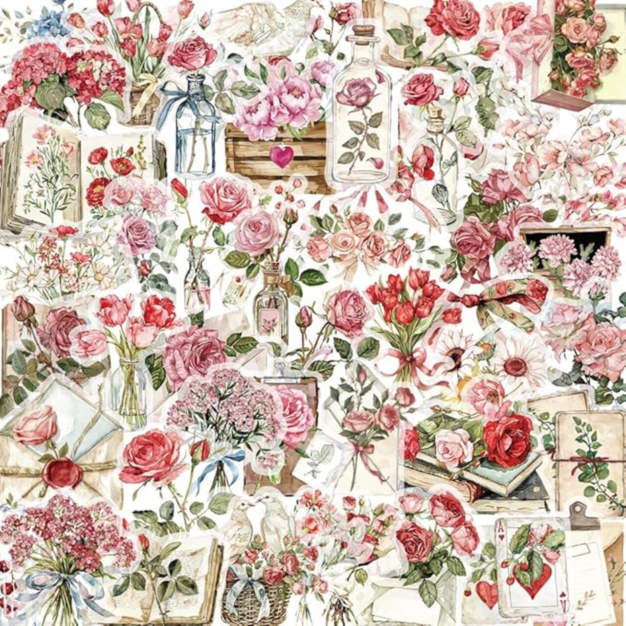 50 Pcs Vintage Rose Stickers - Waterproof Transparent PET Floral Decals - Clear Shabby Chic Rose Stickers for Scrapbooking, Journals, and Valentine's Day Gifts